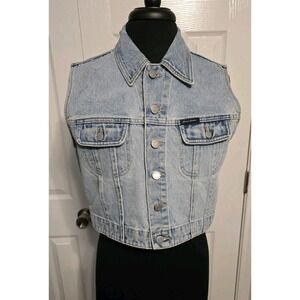 Vintage Guess Blue Denim Jean Vest Womens XL USA Made Sleeveless Western Crop